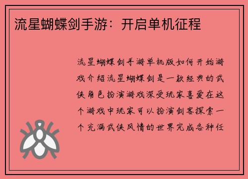 流星蝴蝶剑手游：开启单机征程
